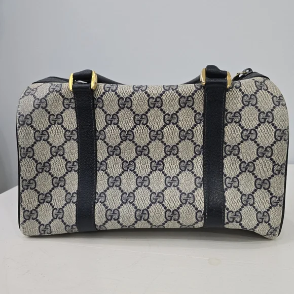 GUCCI - Vintage GG Sherry Line Boston Bag in Rare Navy Blue, PVC & Leather - Picture 7 of 16